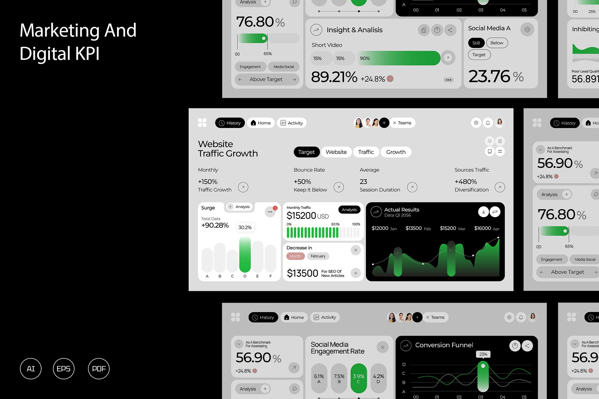 黑灰现代营销数字KPI信息图表 Black Gray Modern Marketing & Digital KPI 003