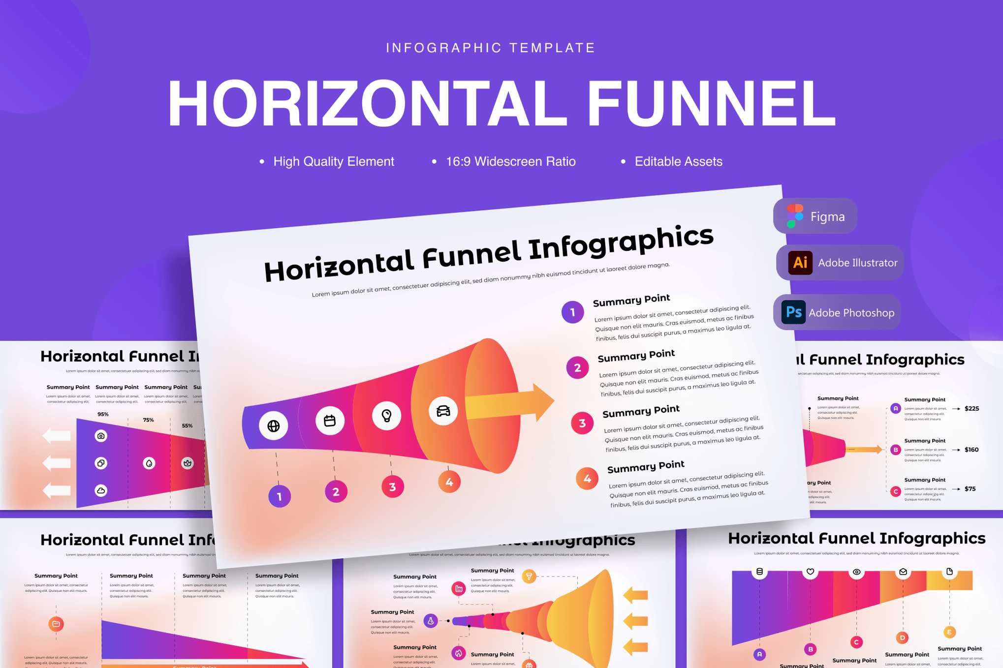 横向漏斗信息图表 Horizontal Funnel Infographics