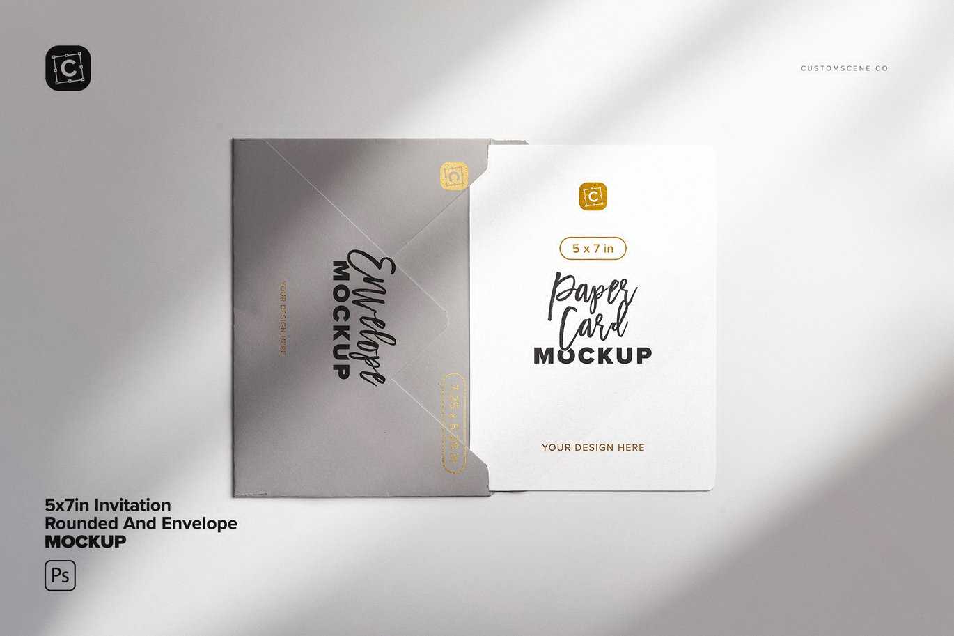 5x7英寸圆角邀请函及信封套装样机 Invitation & Envelope Mockup