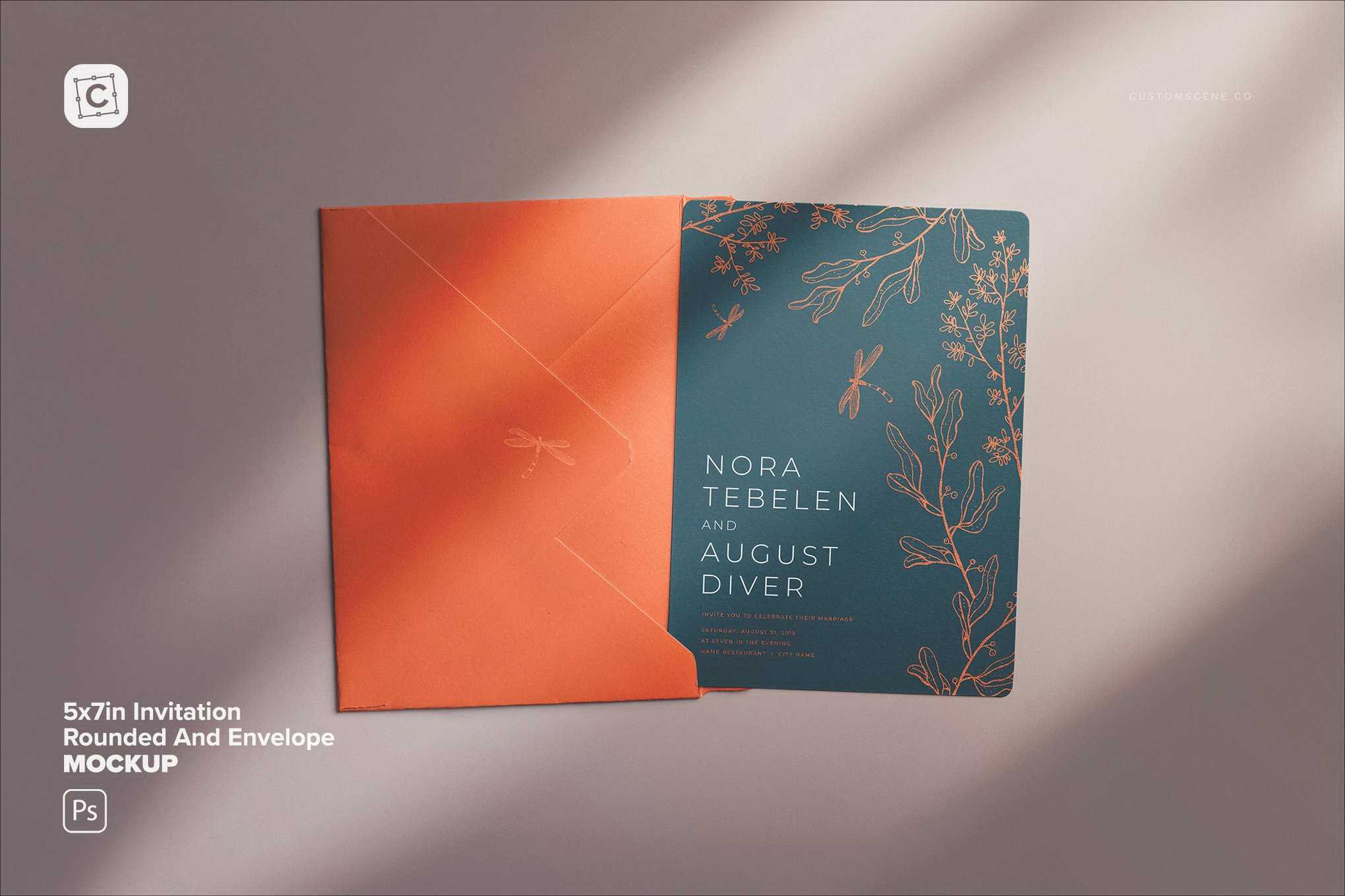 5×7英寸圆角邀请函及信封套装样机 Invitation & Envelope Mockup