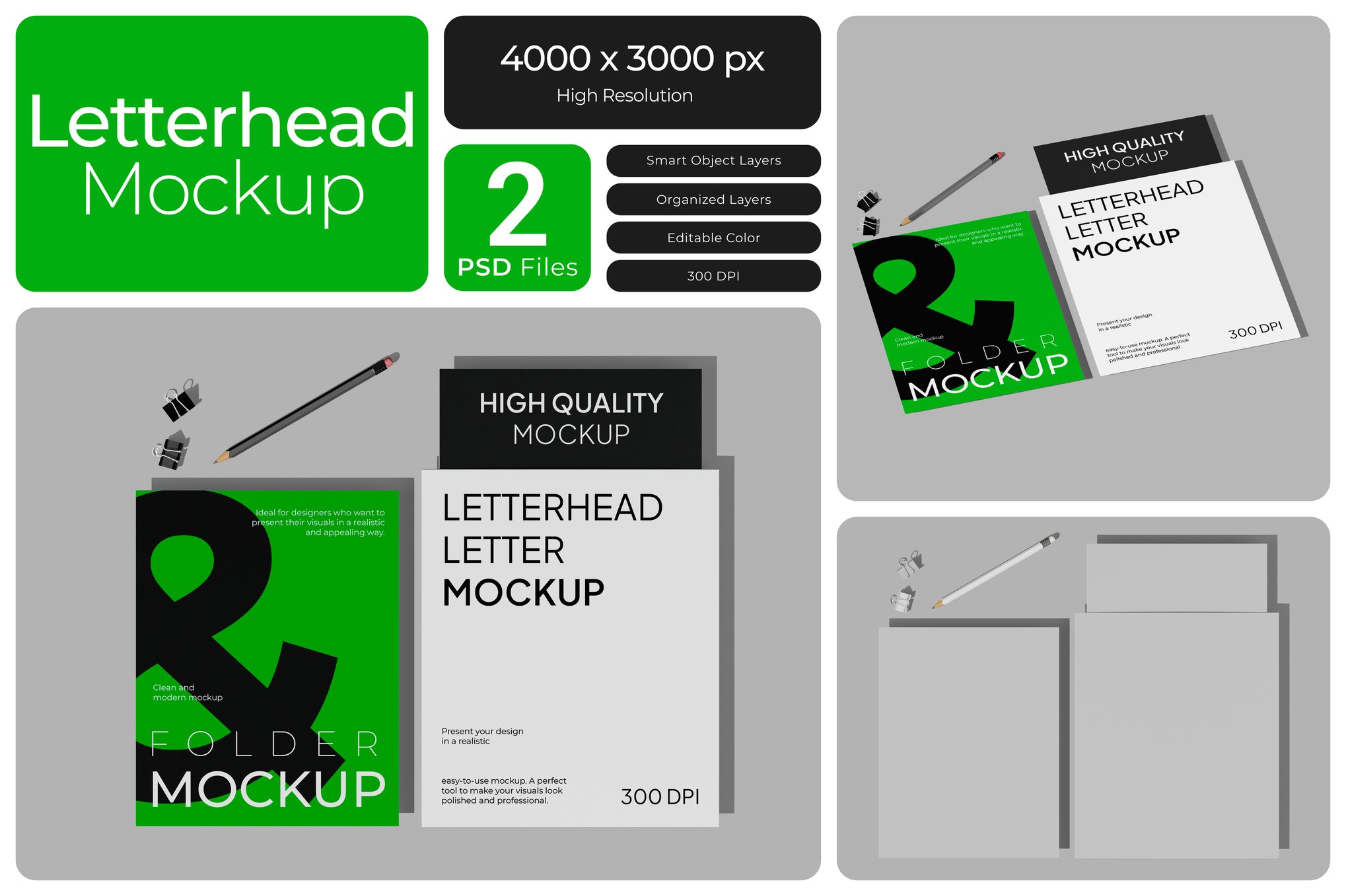 带文件夹的信纸抬头设计样机 Letterhead & Folder Mockup