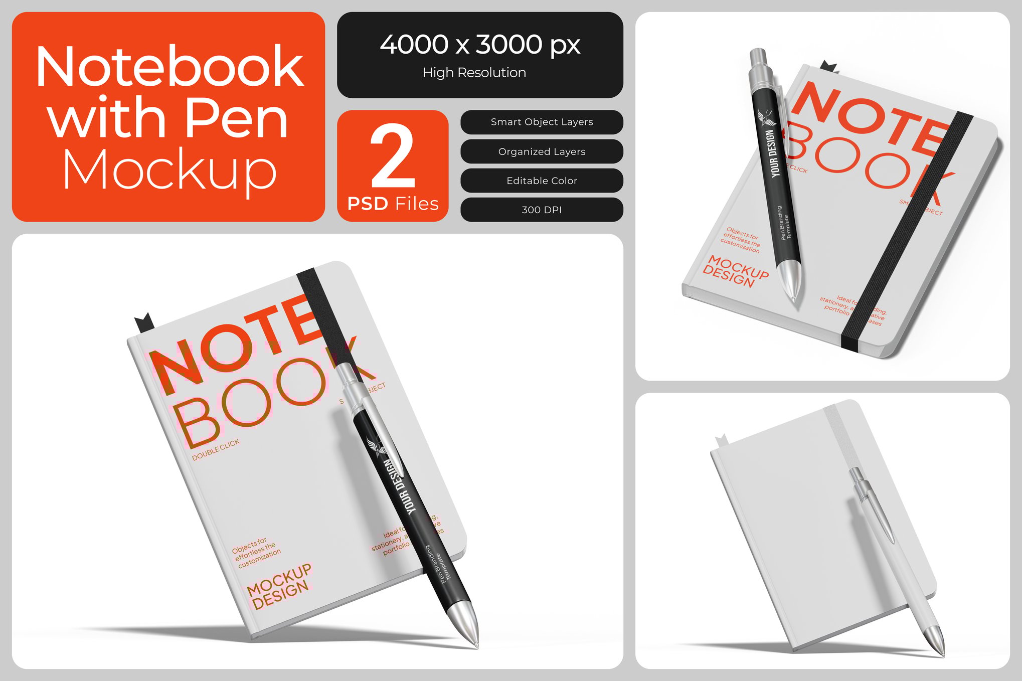 笔记本与笔套装展示样机 Notebook with Pen Mockup