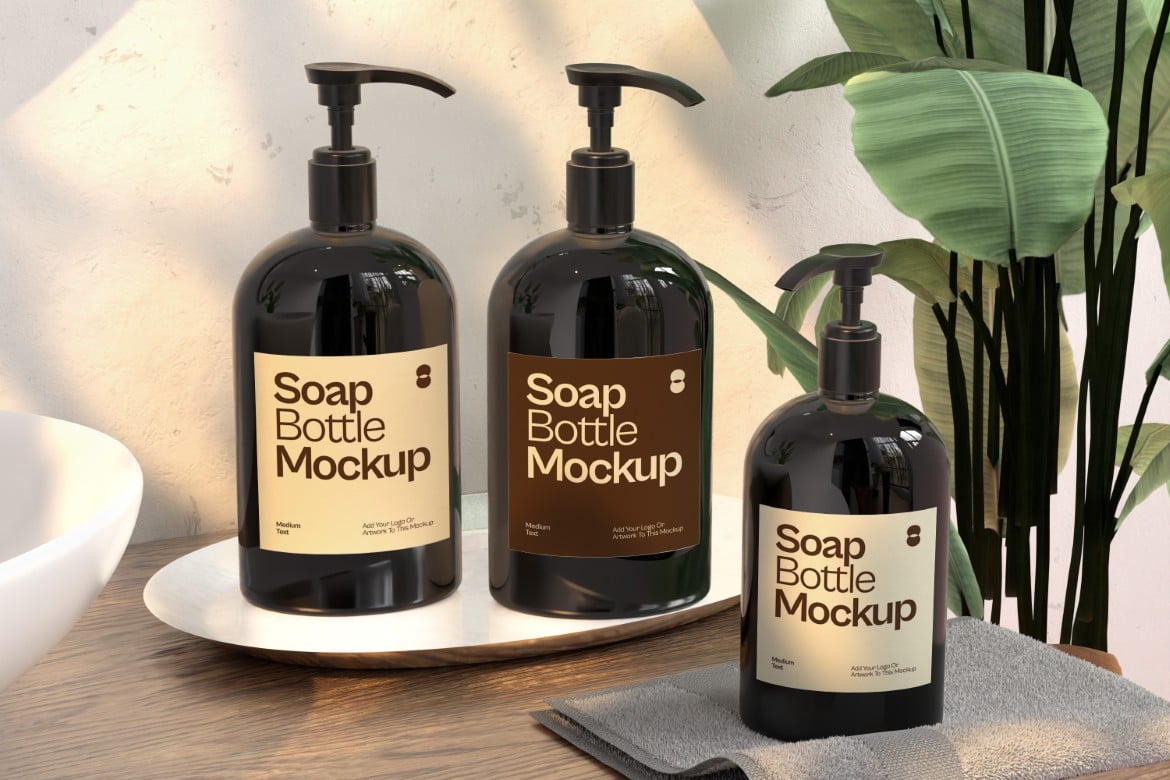托盘上的洗手液瓶展示样机 Soap Bottle On Tray Mockup