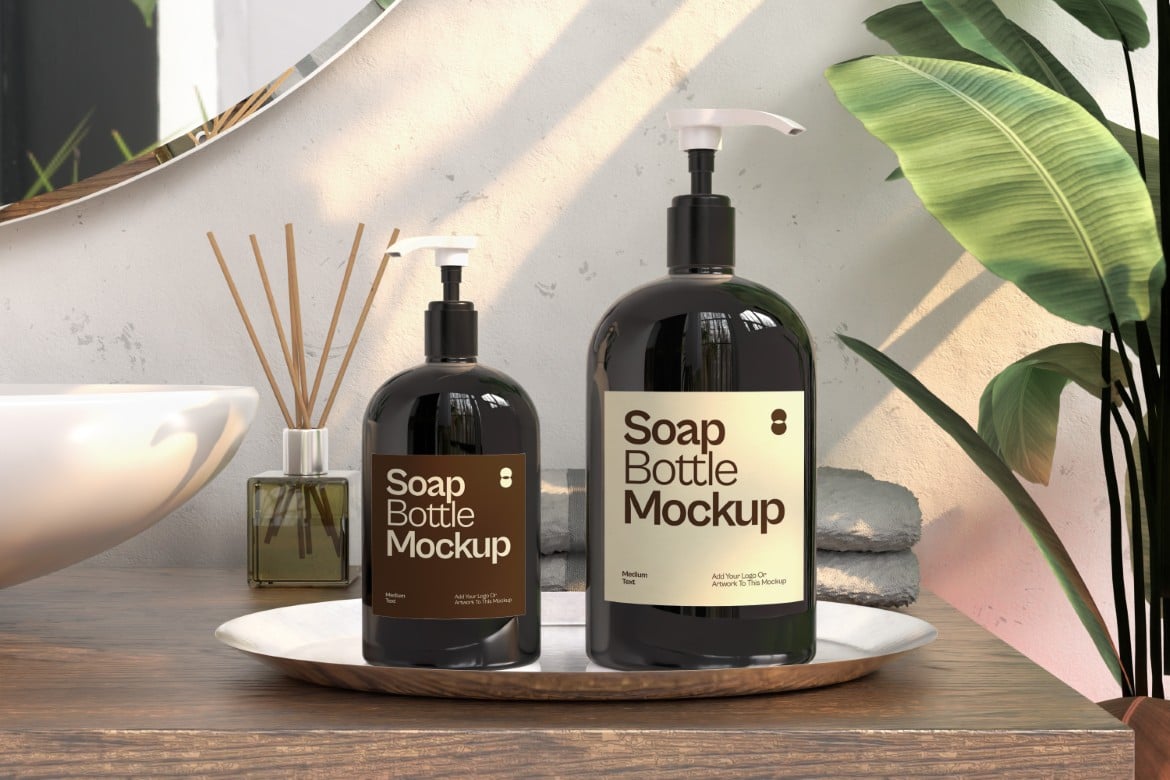 托盘上的洗手液瓶展示样机 Soap Bottle On Tray Mockup