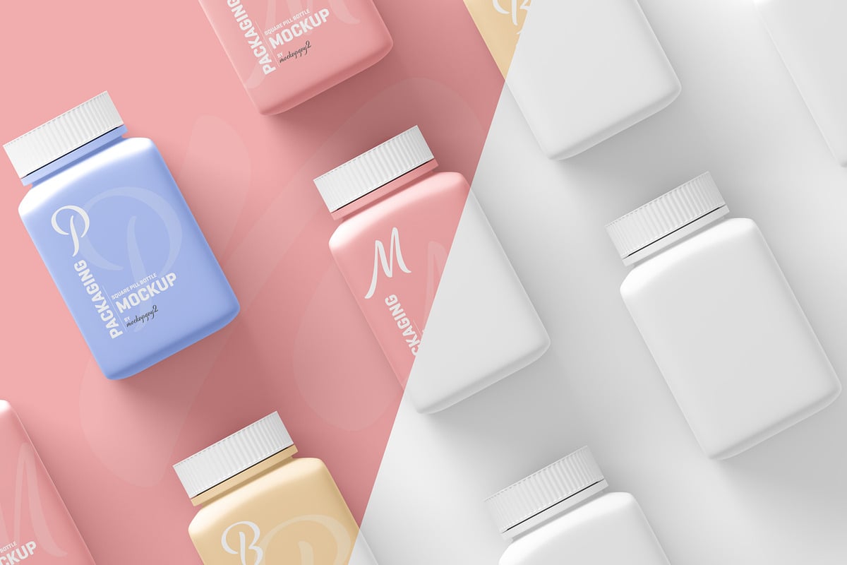 方形药瓶包装设计样机 Square Pill Bottle Mockup