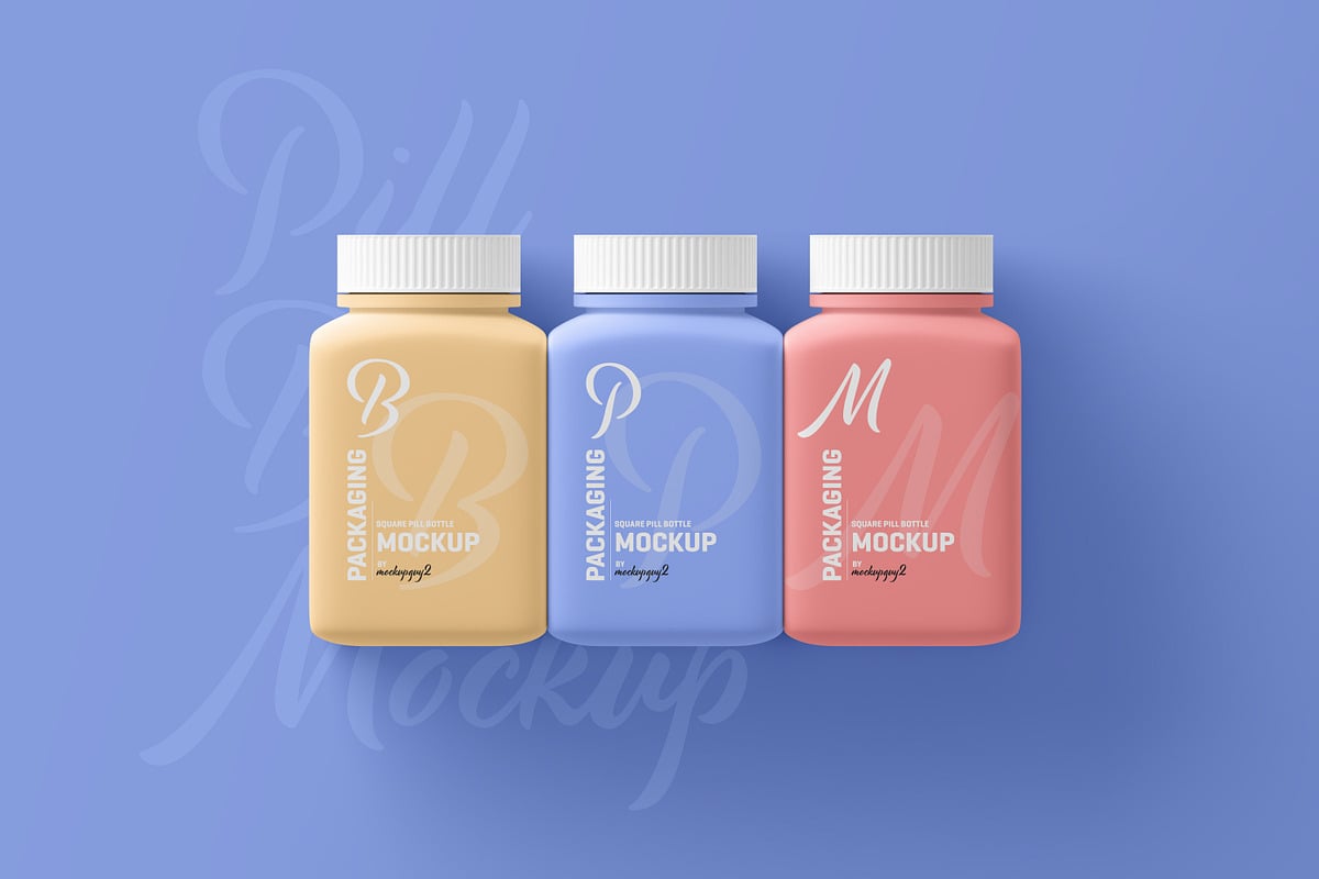 方形药瓶包装设计样机 Square Pill Bottle Mockup
