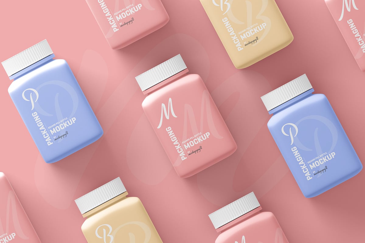 方形药瓶包装设计样机 Square Pill Bottle Mockup