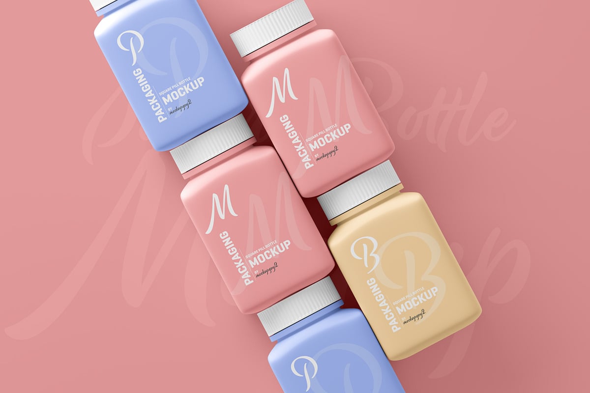 方形药瓶包装设计样机 Square Pill Bottle Mockup