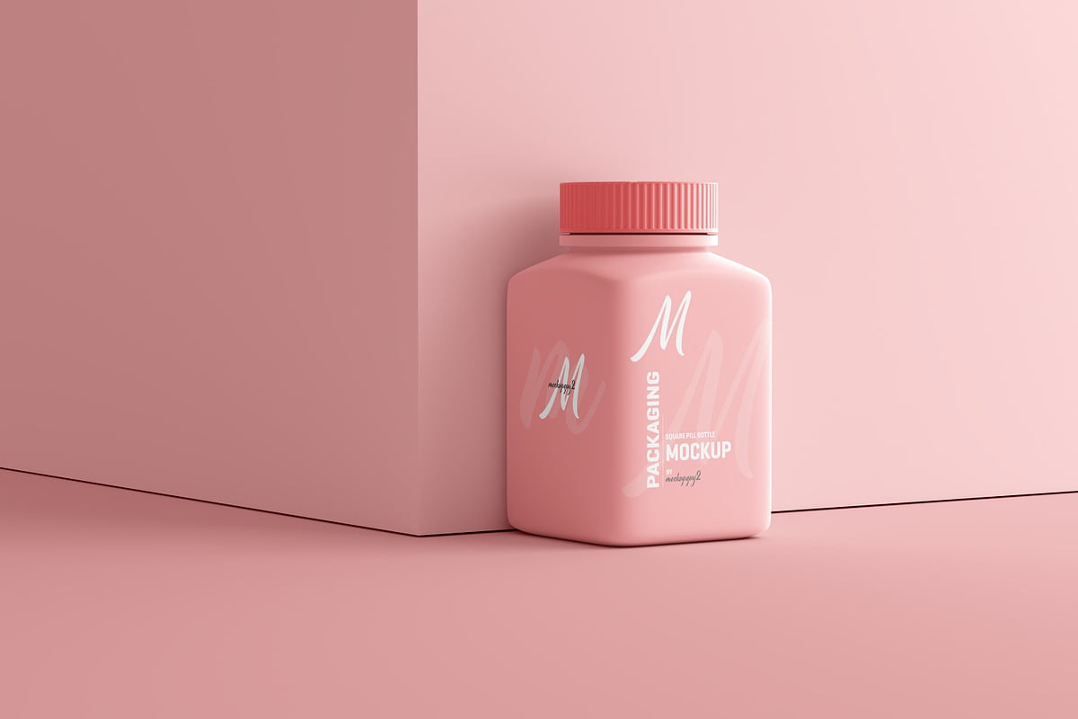方形药瓶包装设计样机 Square Pill Bottle Mockup
