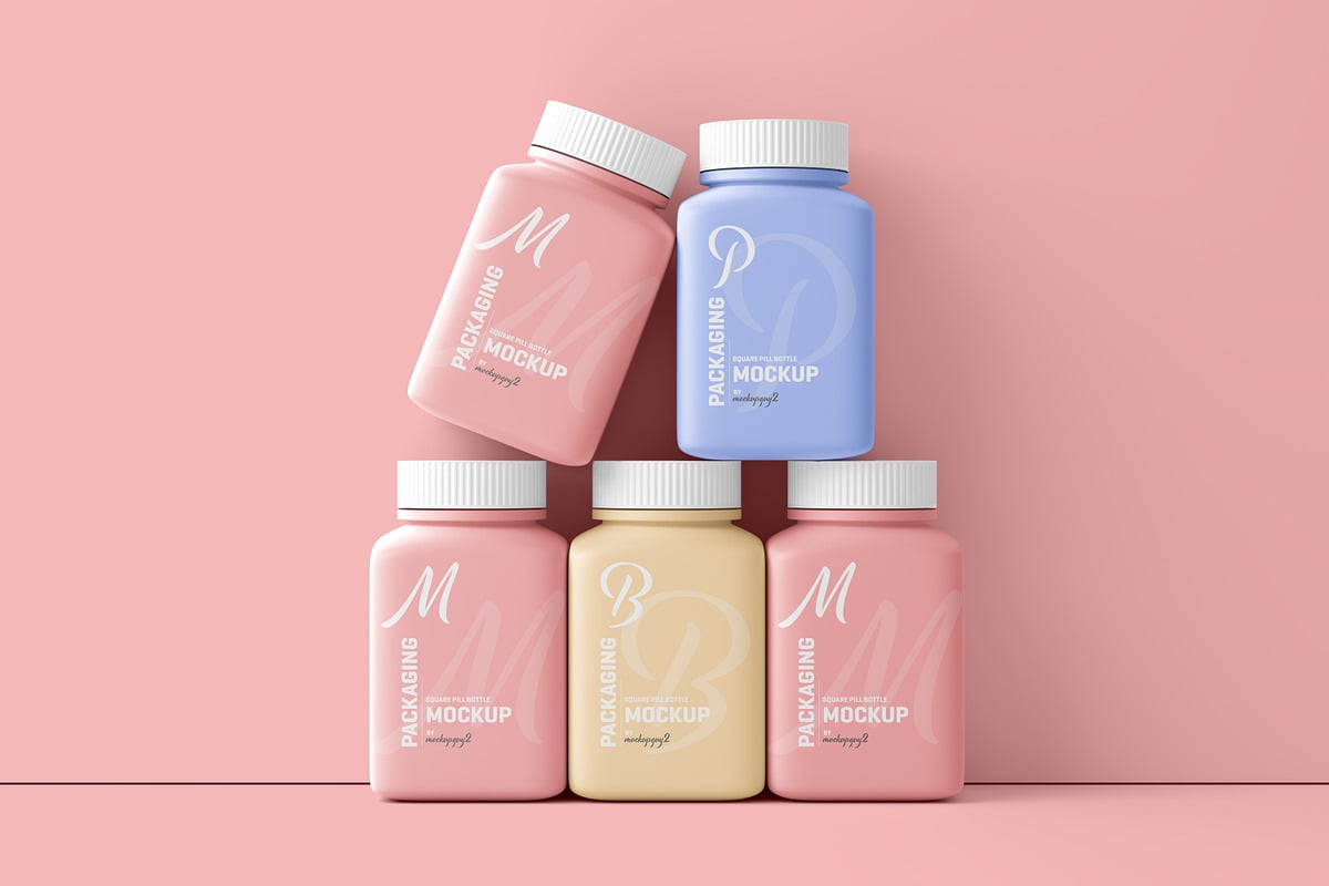 方形药瓶包装设计样机 Square Pill Bottle Mockup