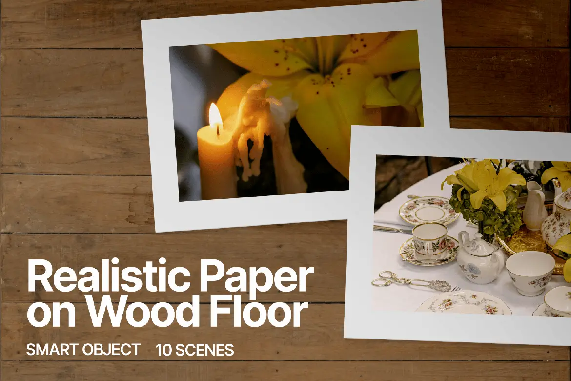 木质地板纸张实物场景样机 Realistic Paper on Wood Floor