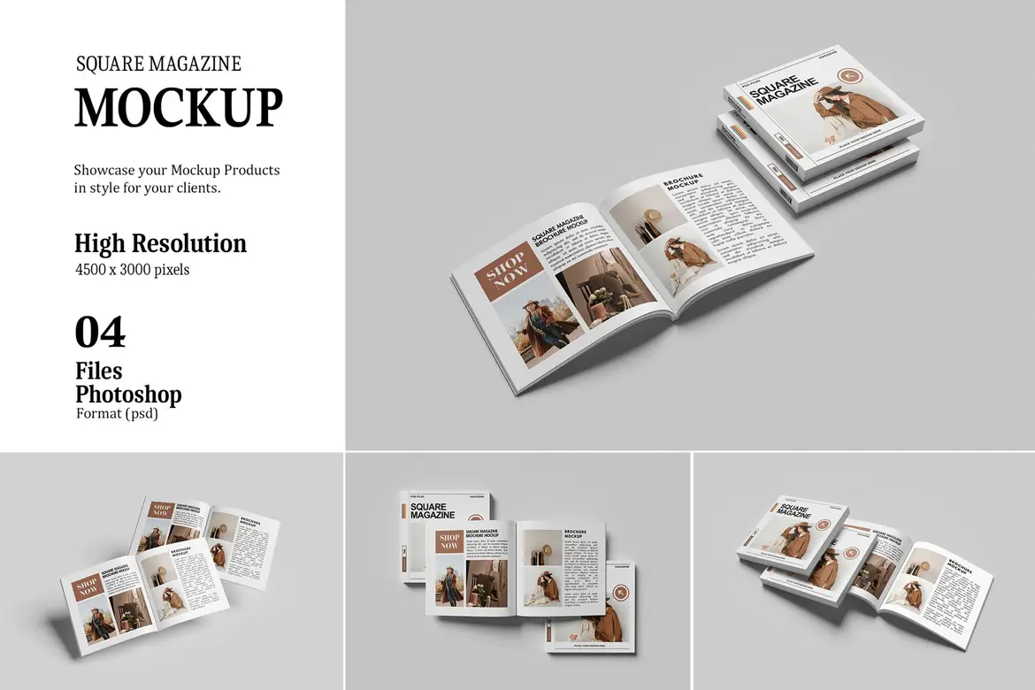 方形杂志期刊封面样机 Square Magazine Mockup