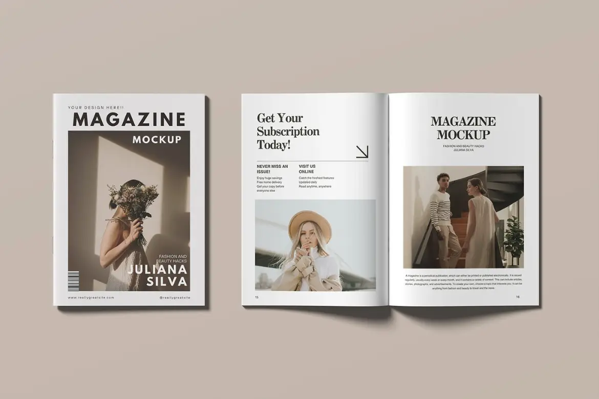 时尚杂志封面翻页展示样机 Magazine Mockup