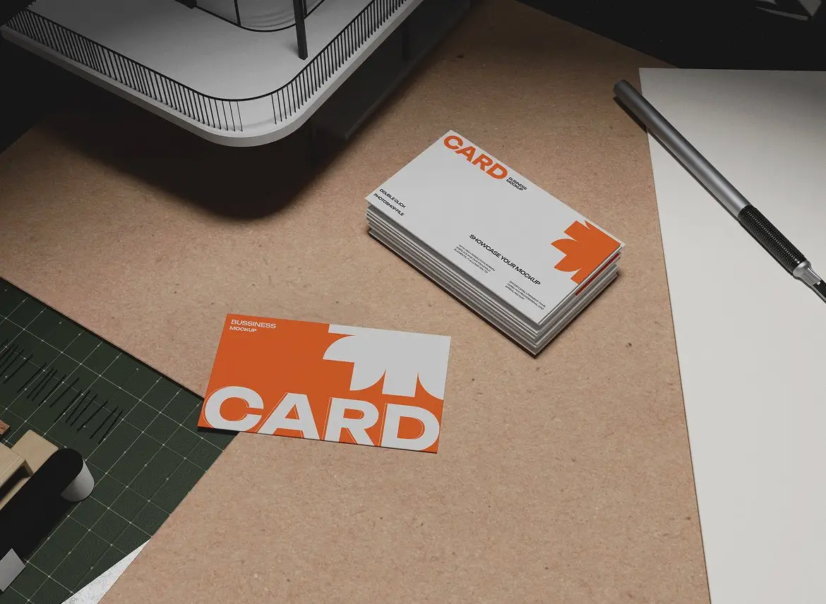 建筑师桌上的商务名片展示样机 Business Card Mockup