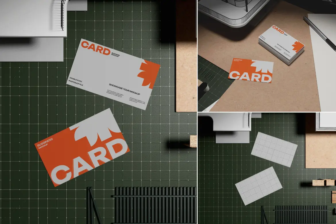 建筑师桌上的商务名片展示样机 Business Card Mockup