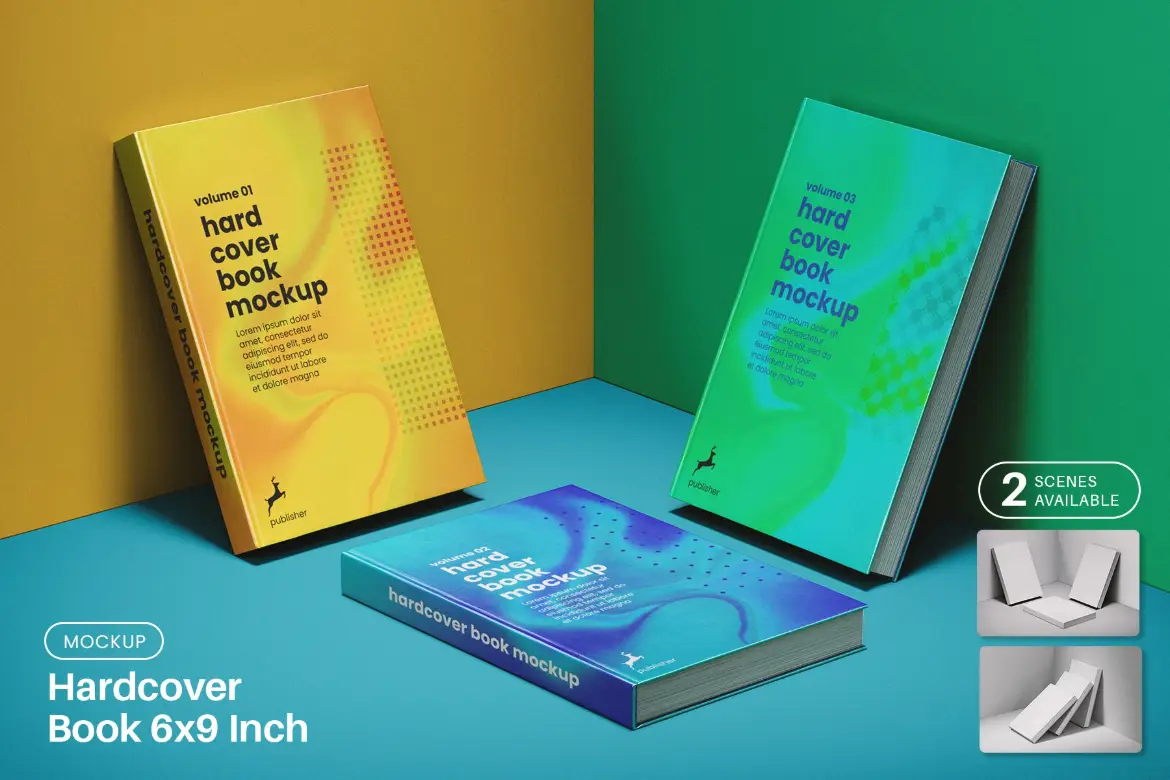 6×9英寸精装书三本组合展示样机 Three Hardcover Books 6×9 Inch Size Mockups