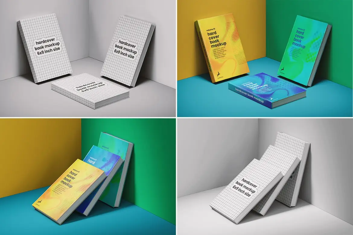 6x9英寸精装书三本组合展示样机 Three Hardcover Books 6x9 Inch Size Mockups