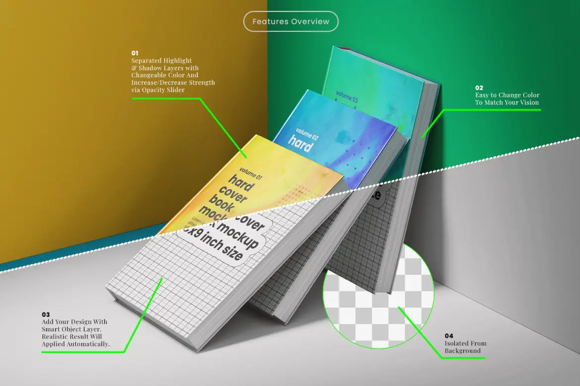 6x9英寸精装书三本组合展示样机 Three Hardcover Books 6x9 Inch Size Mockups