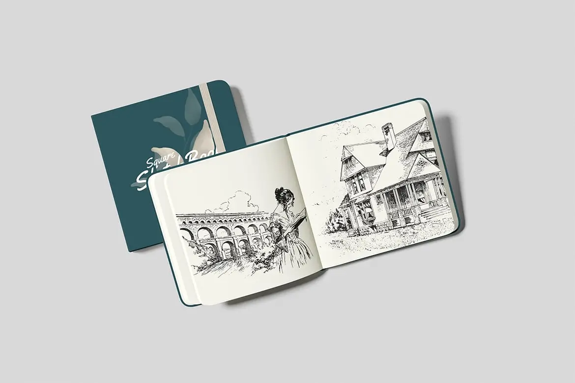 方形素描本绘画草图展示样机 Square Sketchbook Mockup