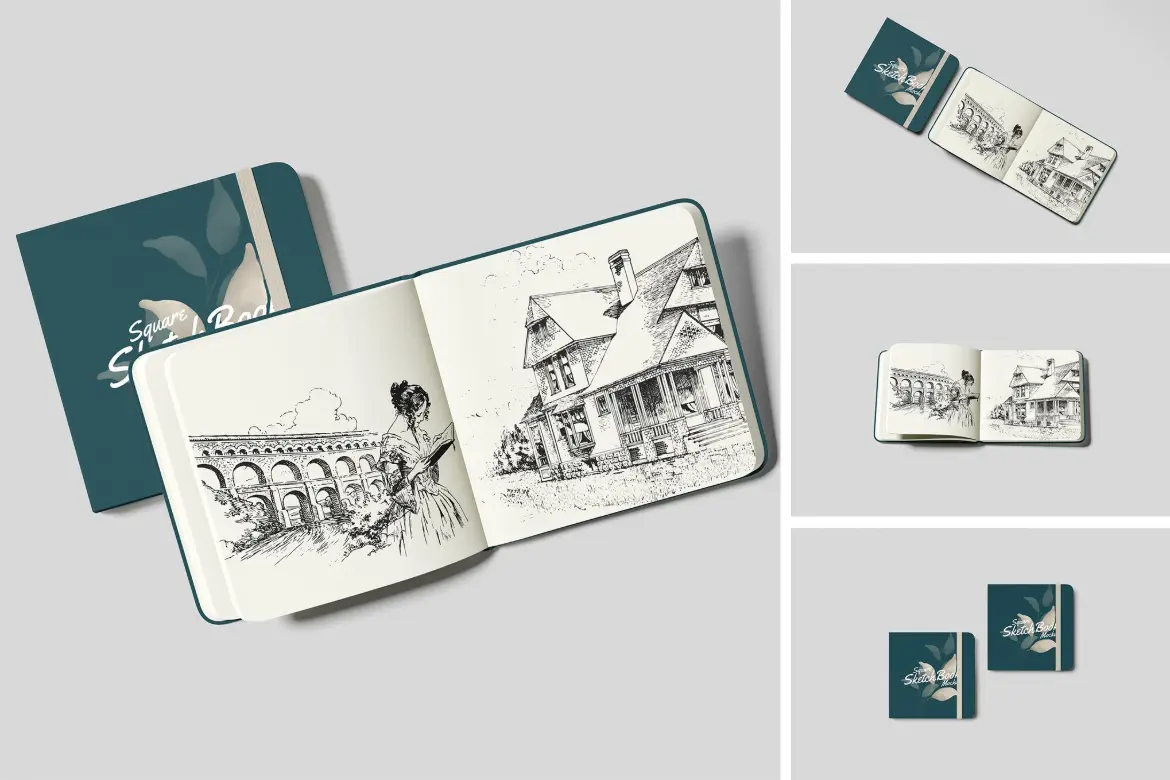 方形素描本绘画草图展示样机 Square Sketchbook Mockup