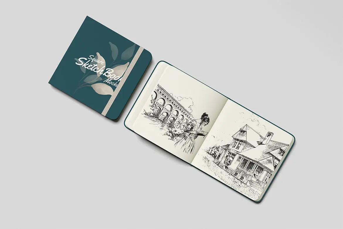 方形素描本绘画草图展示样机 Square Sketchbook Mockup