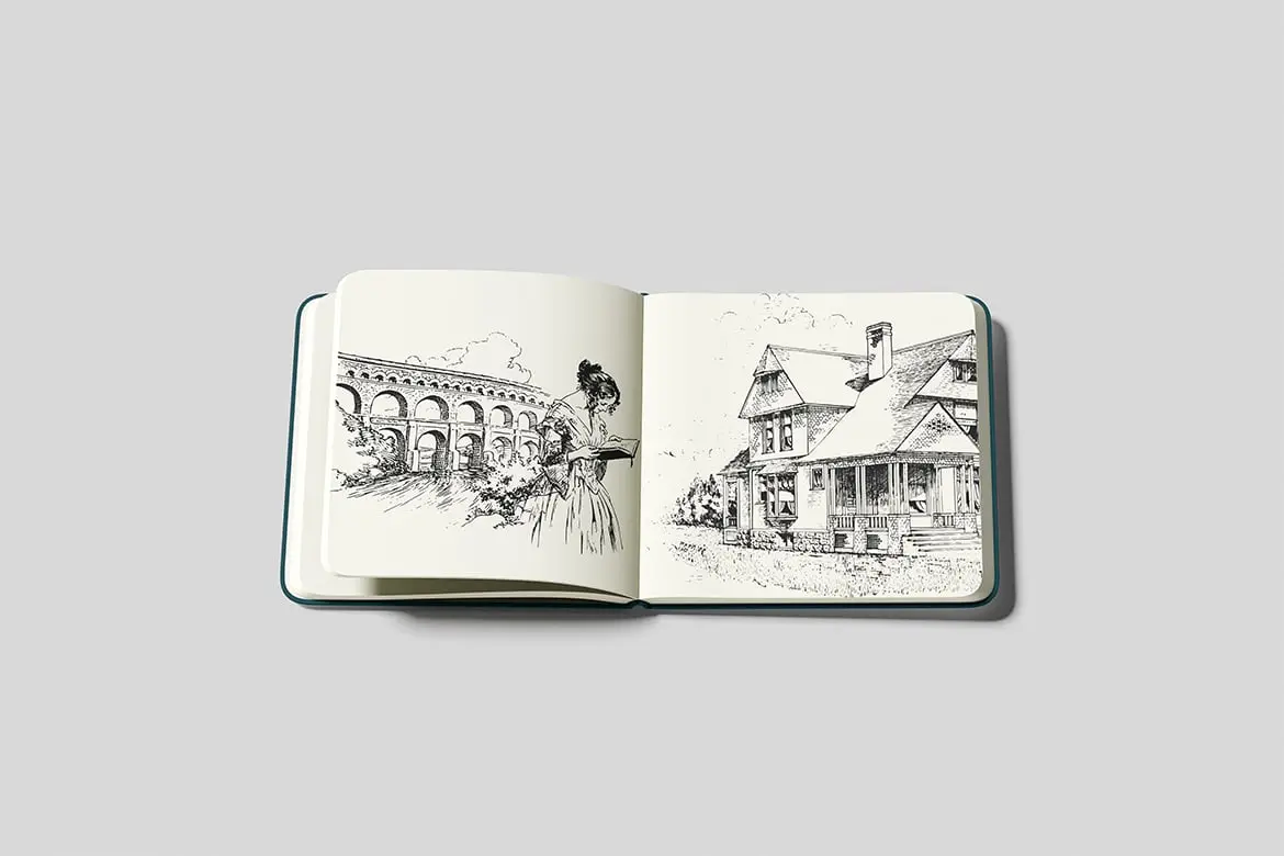 方形素描本绘画草图展示样机 Square Sketchbook Mockup