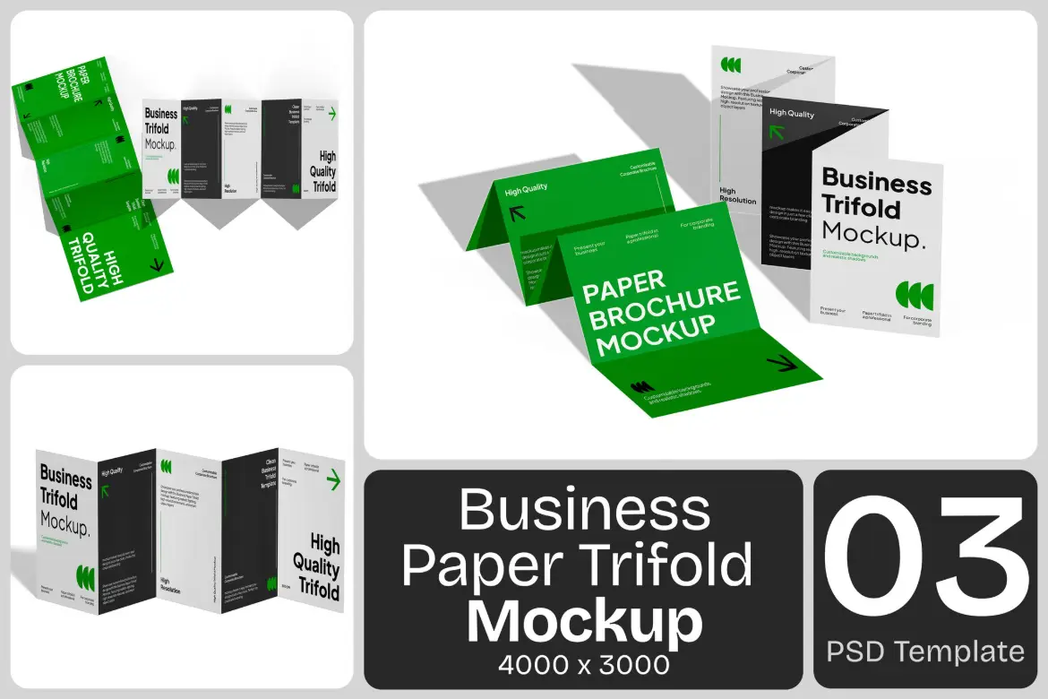 商务纸质三折页手册展示样机 Business Paper Trifold Mockup