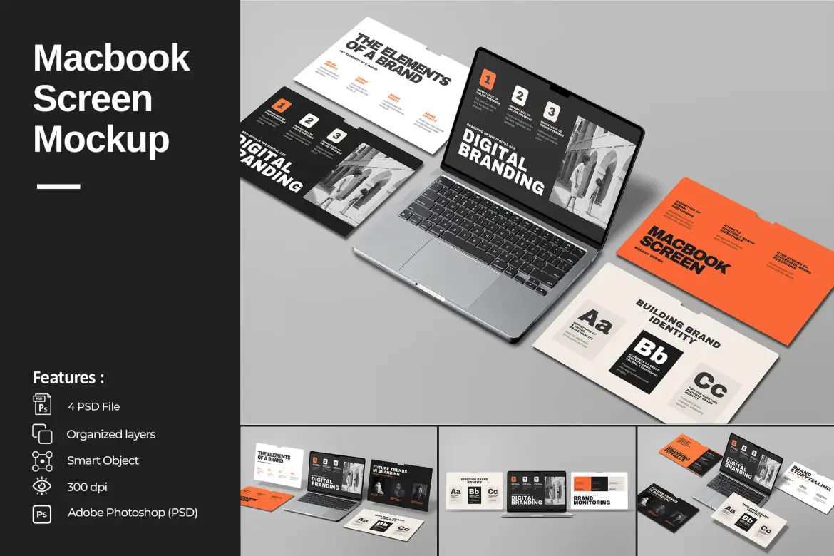 4套Macbook屏幕模型PSD样机