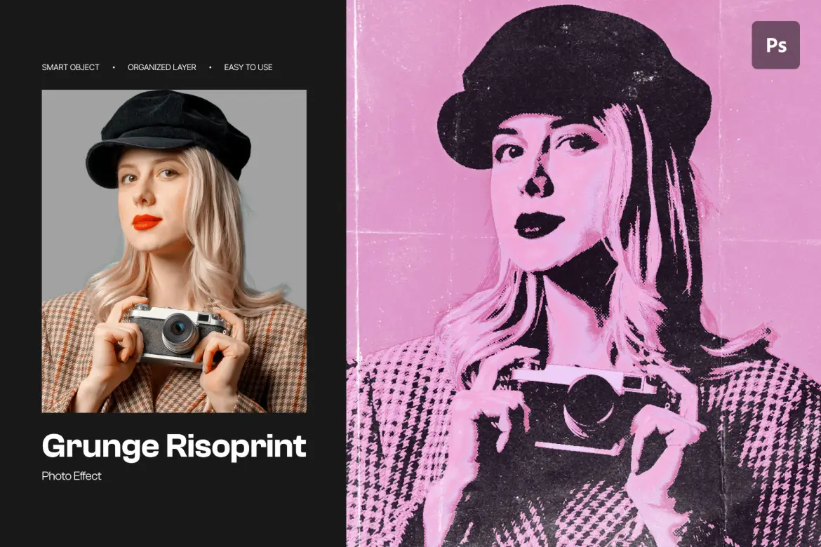 Grunge复古Riso印刷照片效果PSD模板