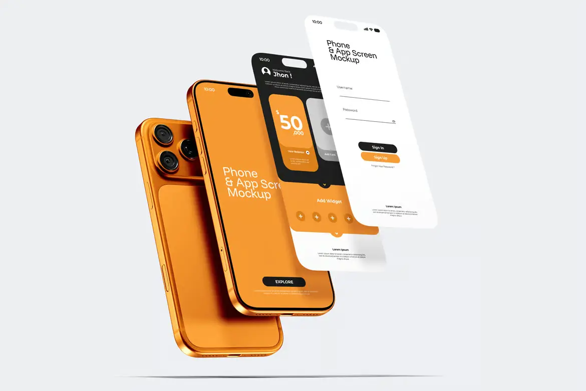 智能手机悬浮界面样机PSD模板 Levitating Phone With App Screen Mockup
