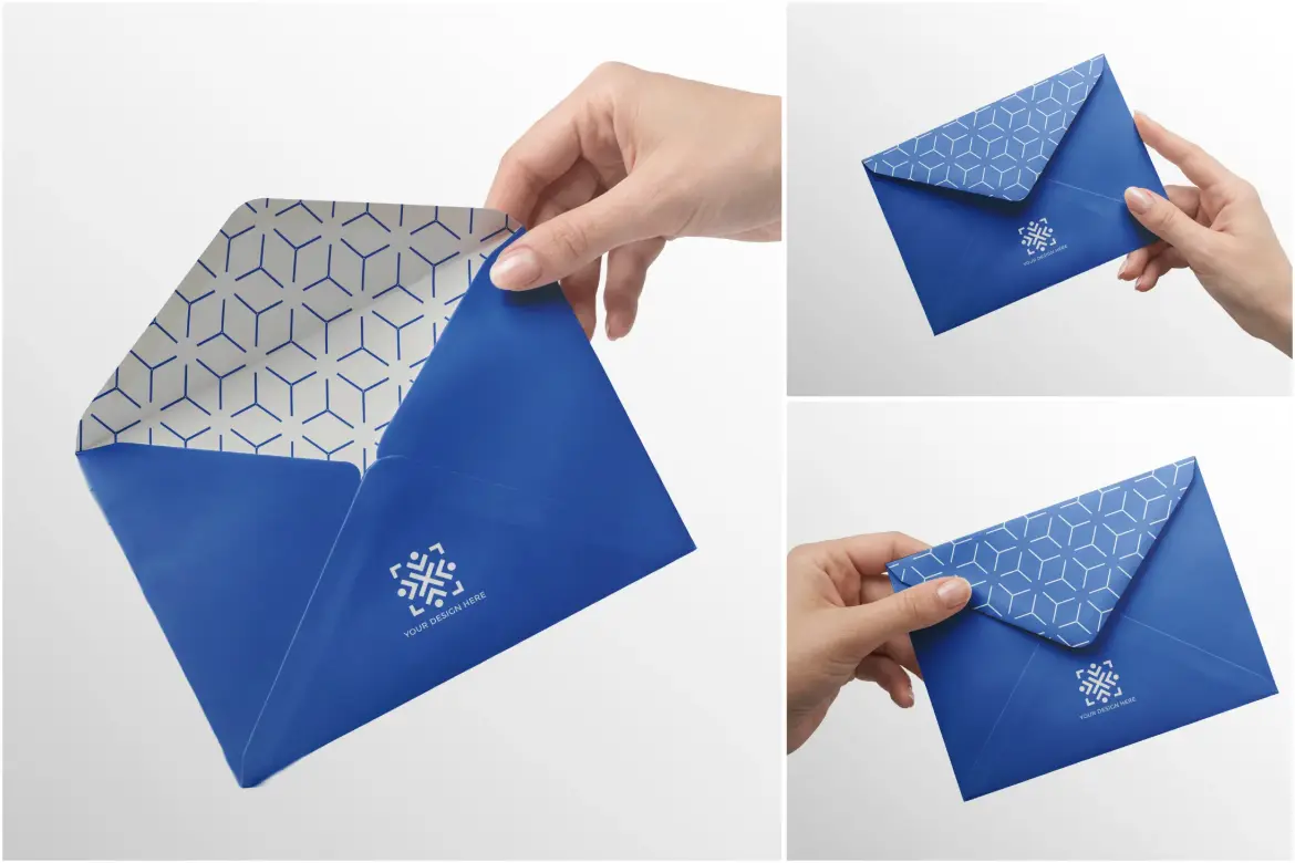 手持蓝色信封样机PSD模板 Envelope Mockup