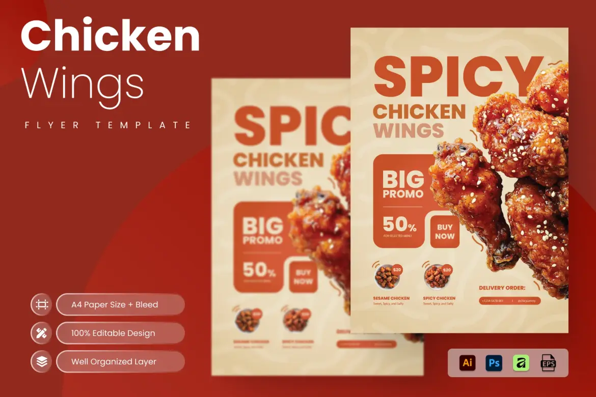 辣鸡翅餐饮活动宣传单设计模板 Spicy Chicken Wings Flyer