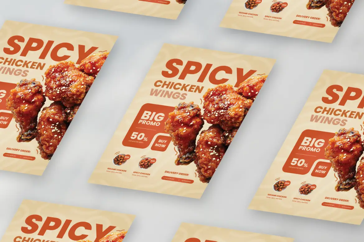 辣鸡翅餐饮活动宣传单设计模板 Spicy Chicken Wings Flyer