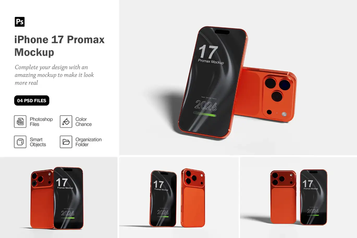 4款iPhone 17 Pro Max样机PSD模型 iPhone 17 Promax Mockup