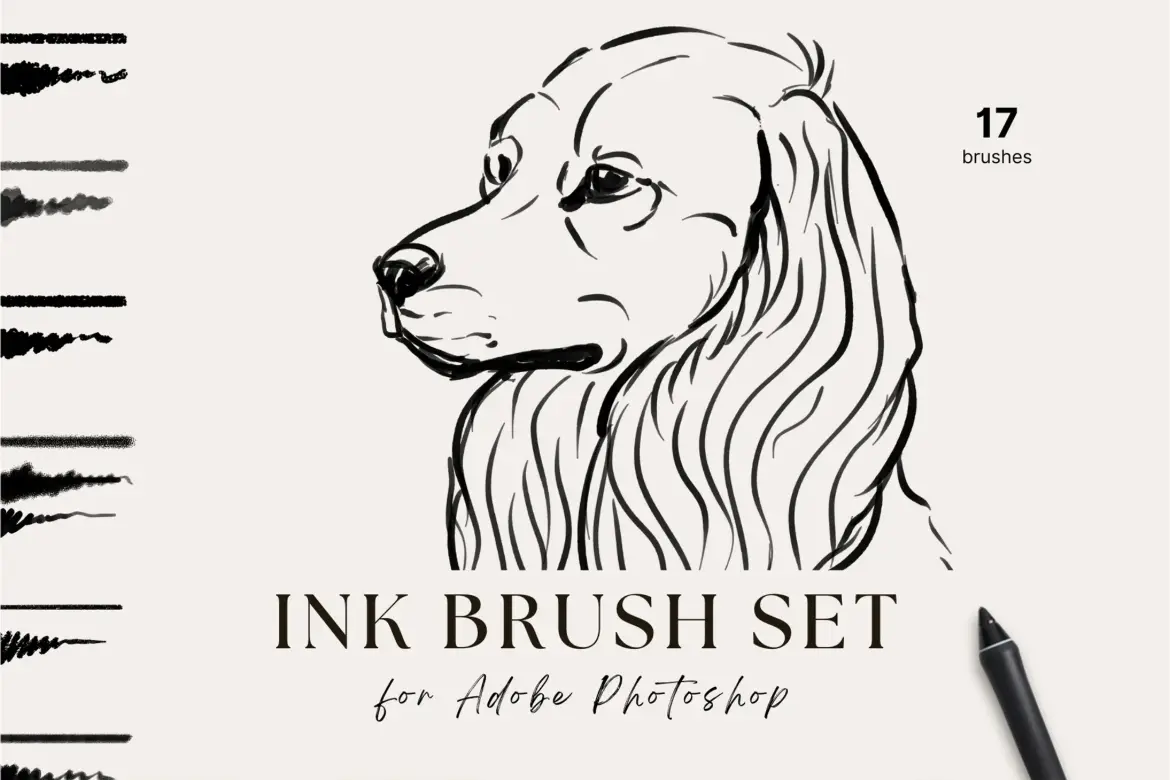 17款PS水墨质感笔刷套装手绘线条喷溅书法效果绘画设计素材