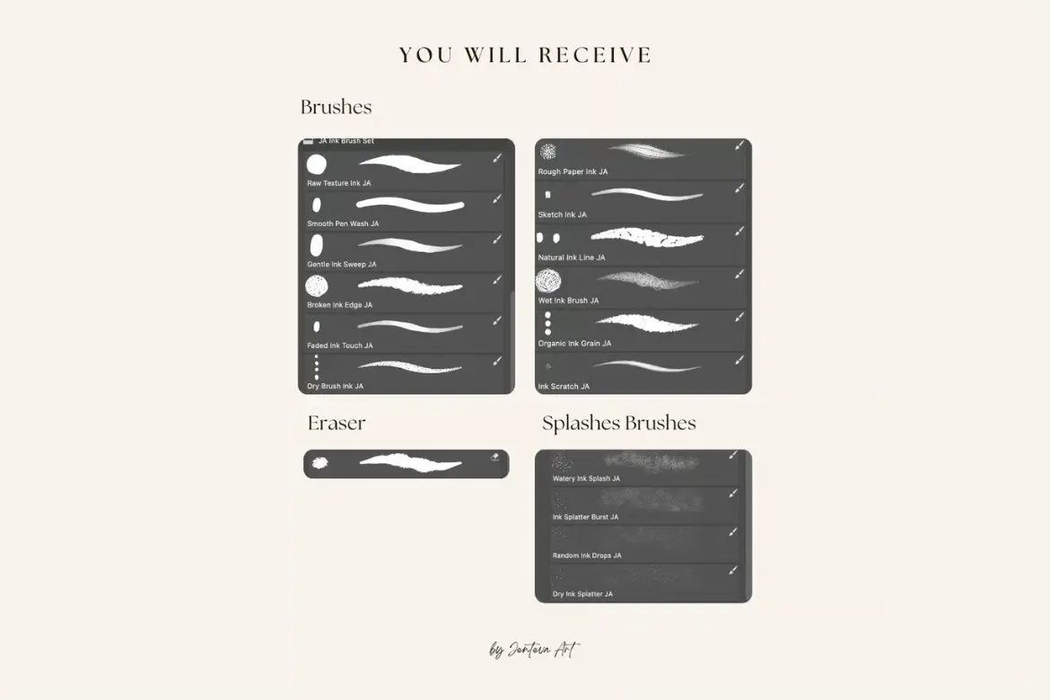 17款PS水墨质感笔刷套装手绘线条喷溅书法效果绘画设计素材