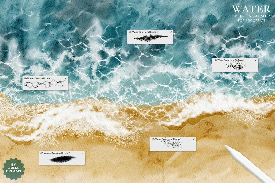 36款水景特效Procreate笔刷套装逼真水流波浪水花纹理绘画素材