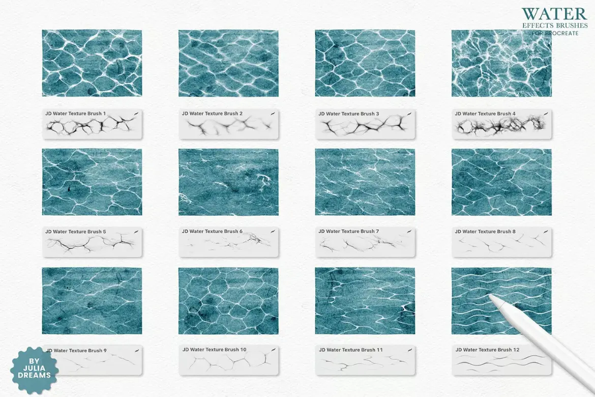 36款水景特效Procreate笔刷套装逼真水流波浪水花纹理绘画素材