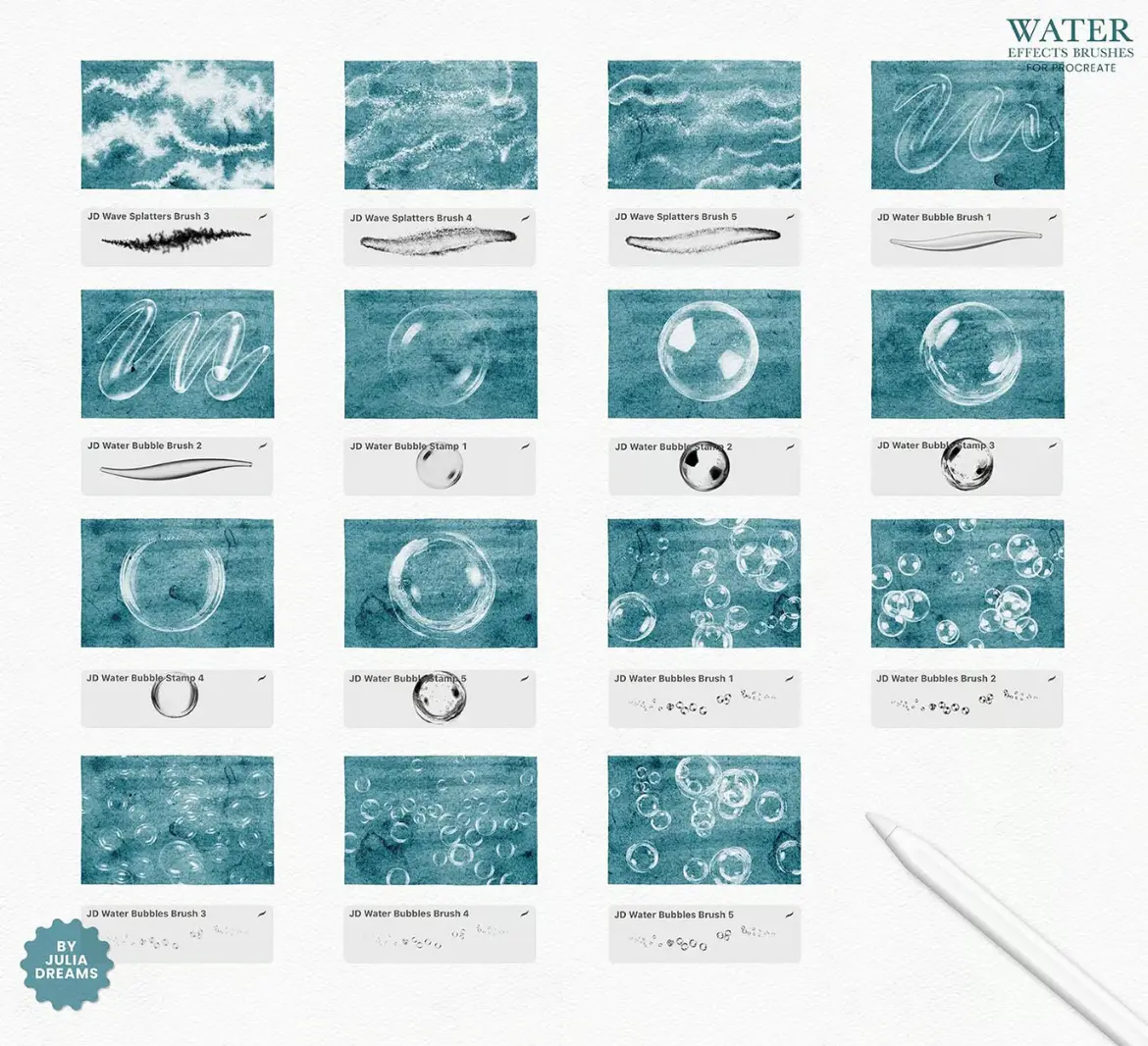 36款水景特效Procreate笔刷套装逼真水流波浪水花纹理绘画素材