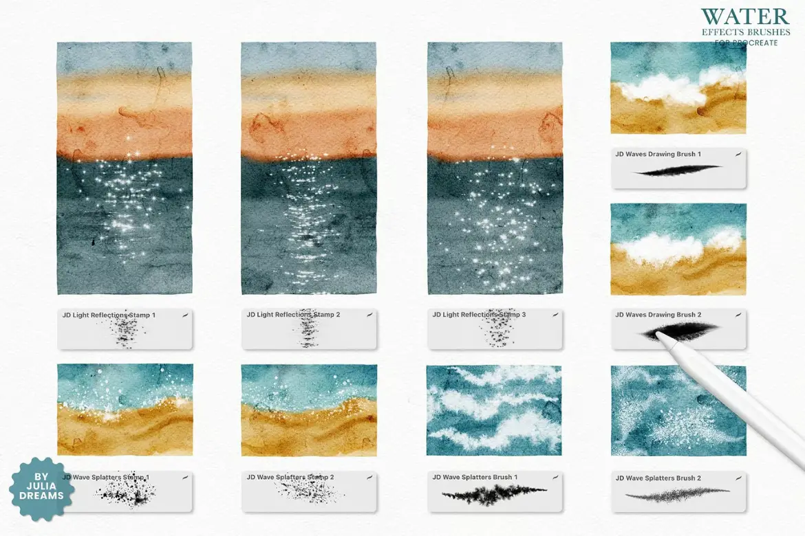 36款水景特效Procreate笔刷套装逼真水流波浪水花纹理绘画素材