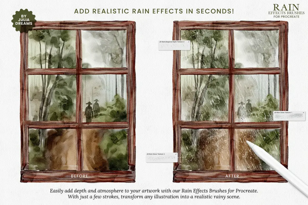 26款雨景特效Procreate笔刷套装氛围感雨水玻璃水渍纹理绘画素材