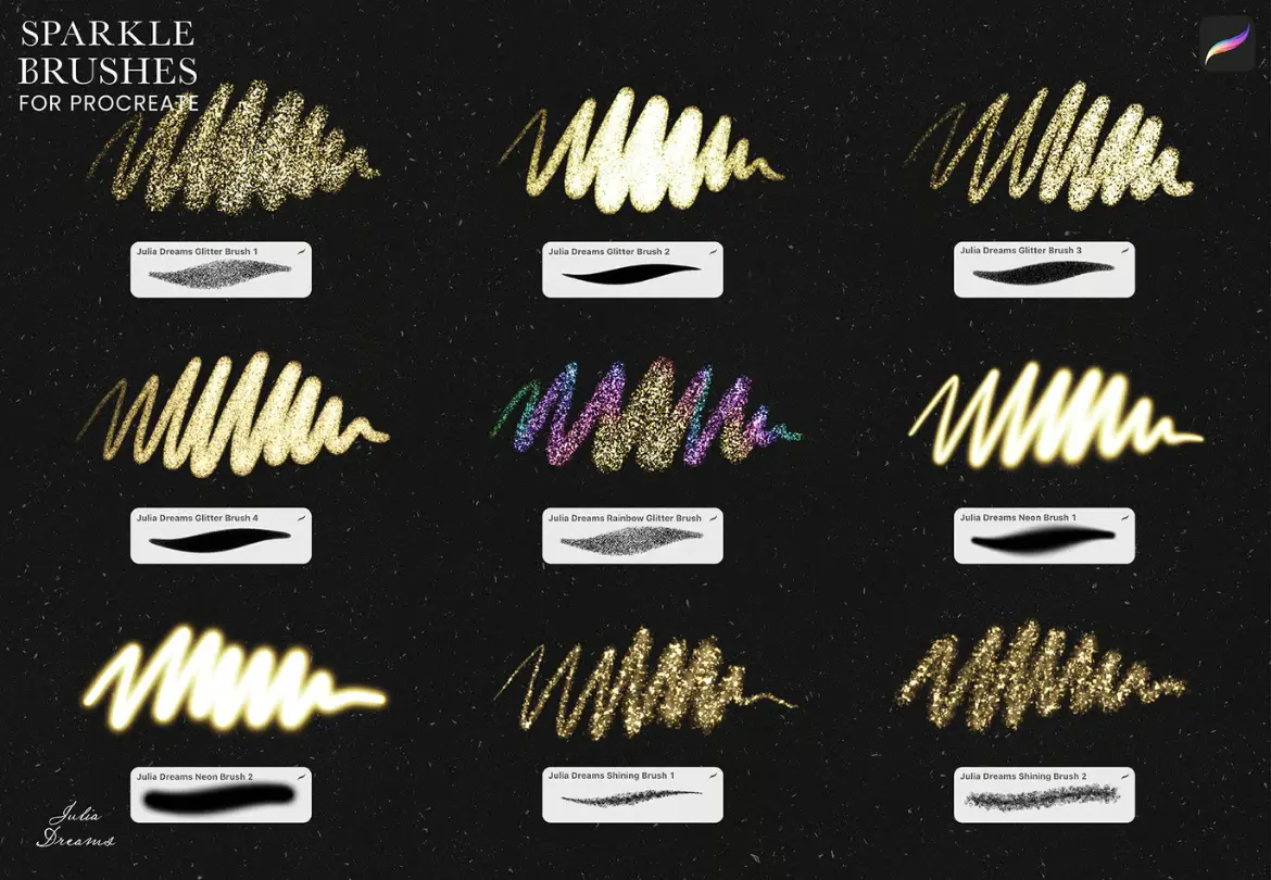 20款星光 glitter Procreate笔刷套装闪烁霓虹光斑特效绘画素材含色板
