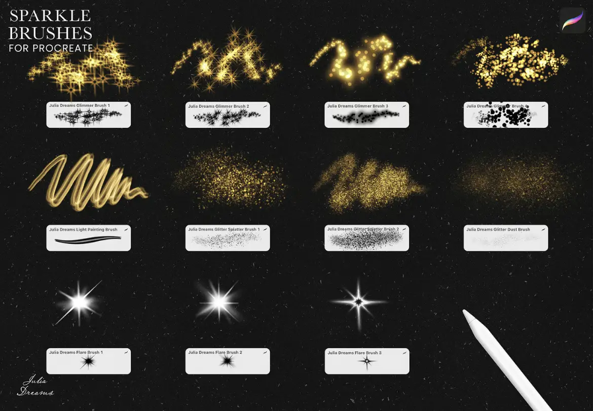20款星光 glitter Procreate笔刷套装闪烁霓虹光斑特效绘画素材含色板