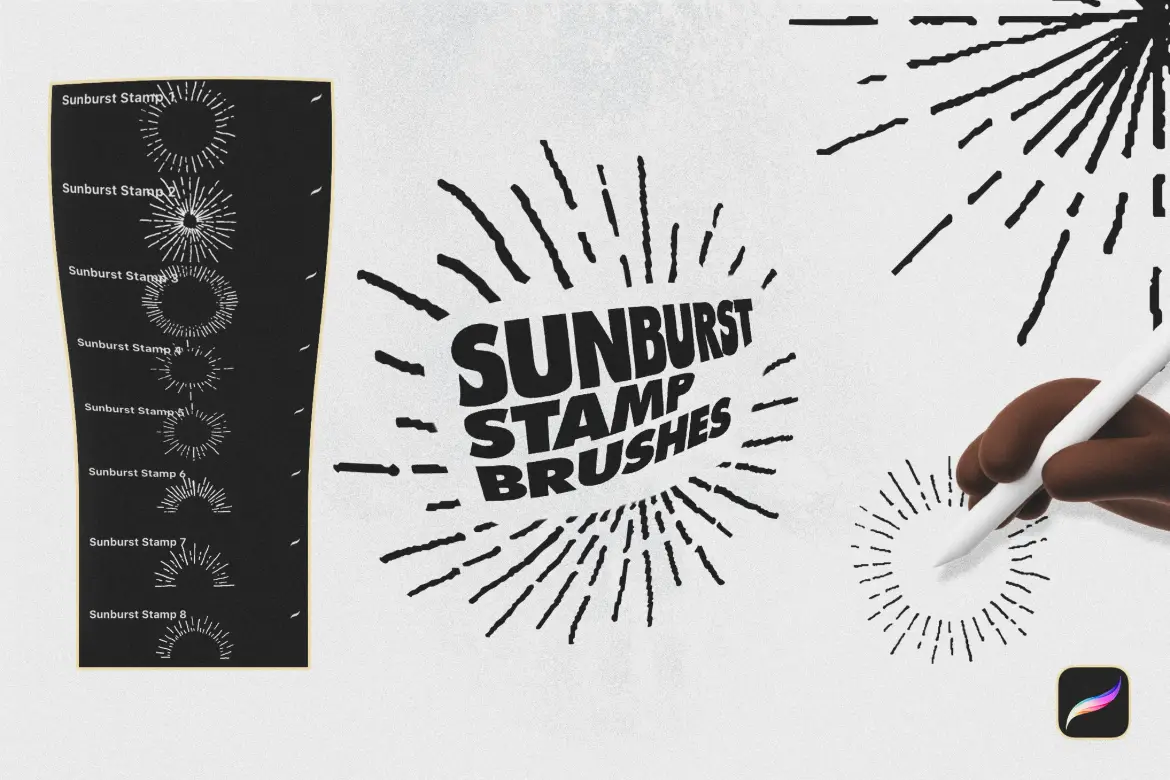 手绘太阳光芒Procreate印章笔刷复古射线光晕背景纹理设计素材