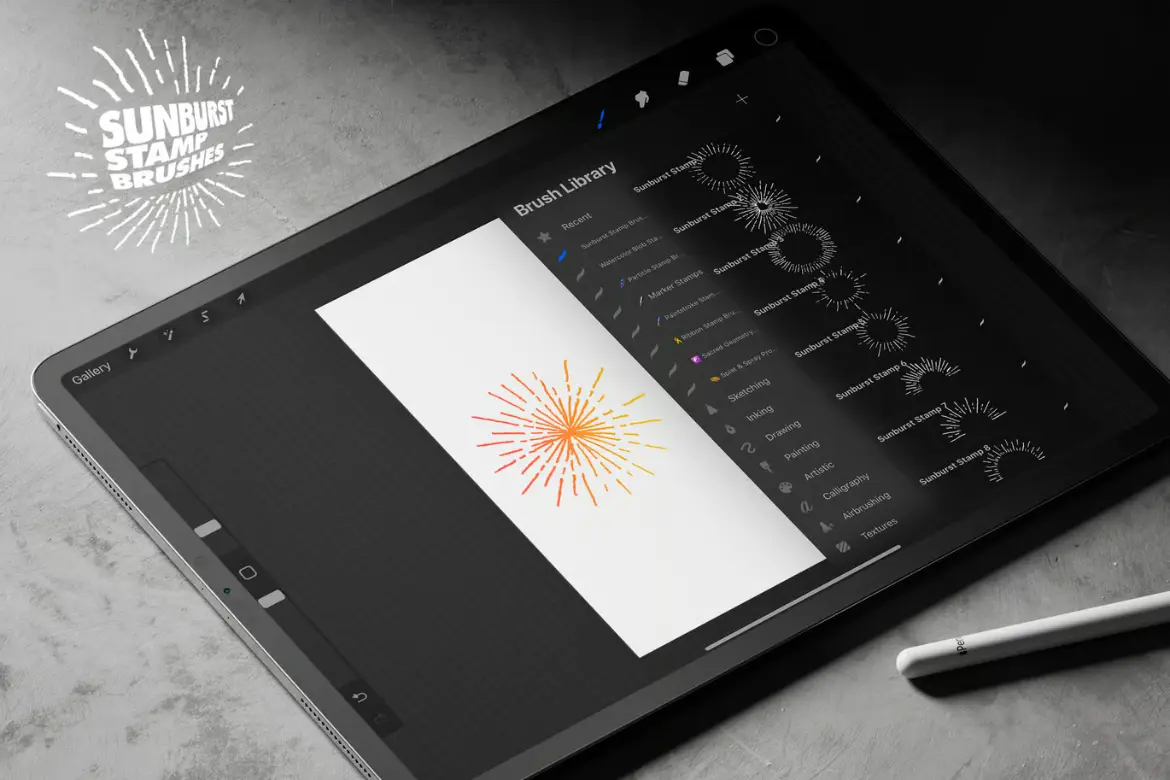 手绘太阳光芒Procreate印章笔刷复古射线光晕背景纹理设计素材