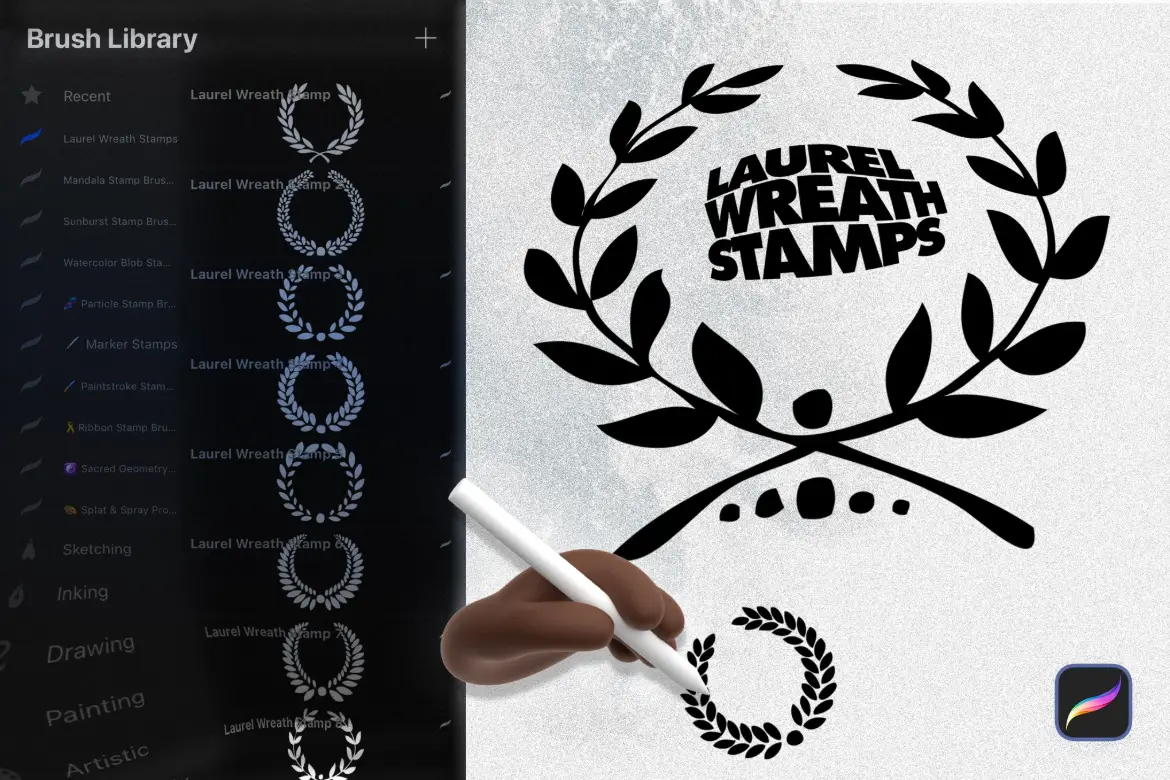16款月桂花环Procreate印章笔刷纹身贴纸插画装饰设计素材