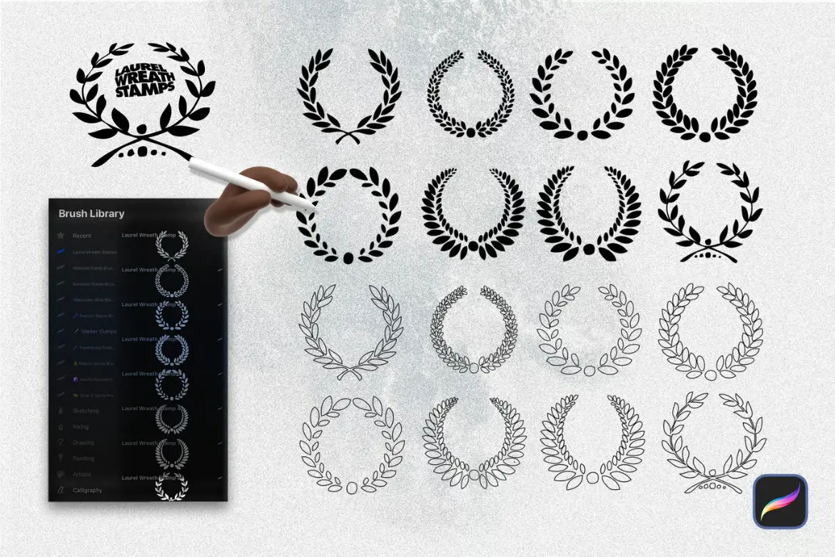 16款月桂花环Procreate印章笔刷纹身贴纸插画装饰设计素材