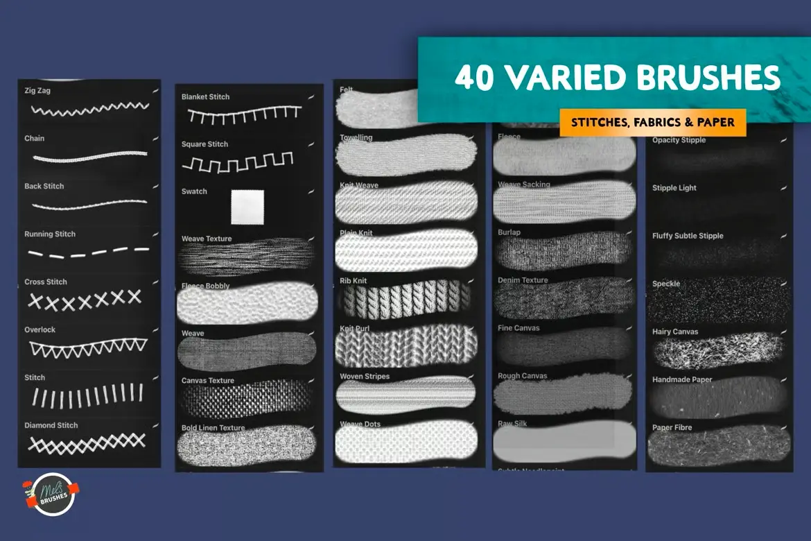 40款面料与线迹Procreate笔刷套装仿真织物刺绣纹理绘画设计素材