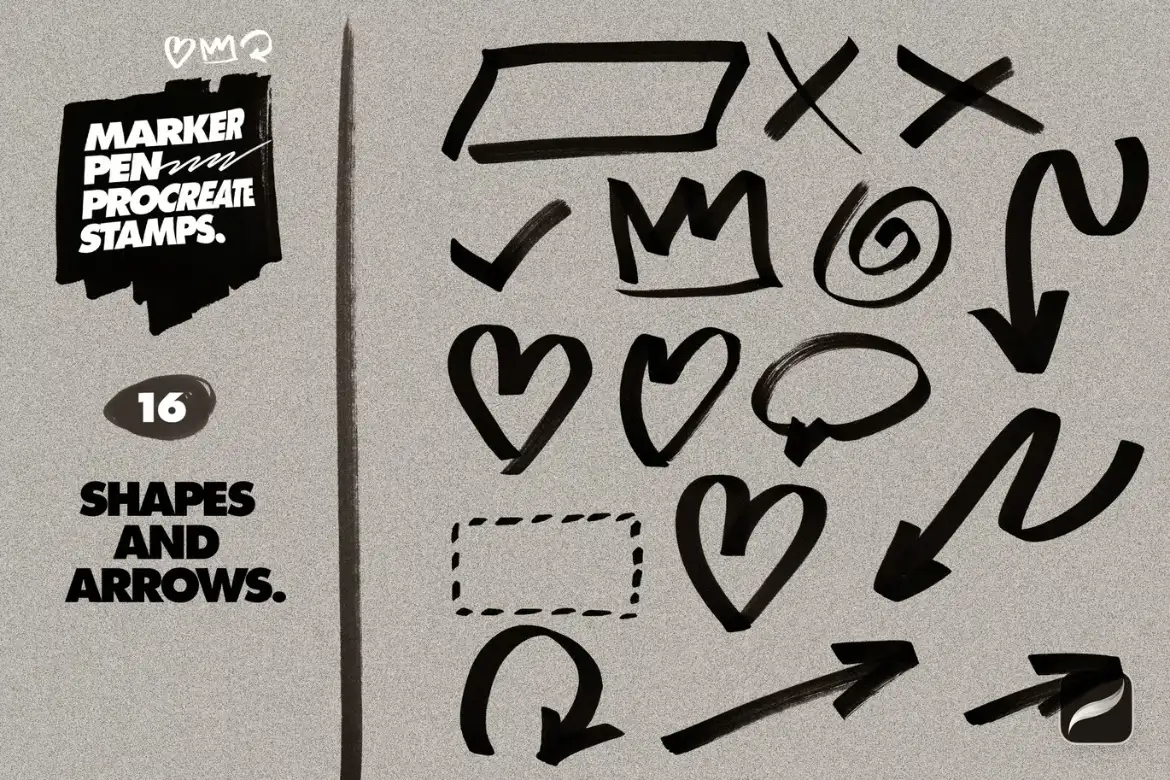100款马克笔效果Procreate印章笔刷手绘涂鸦数字箭头形状设计素材