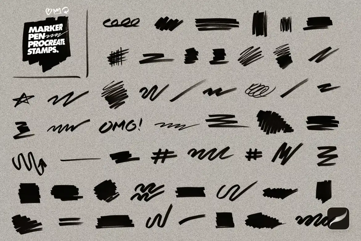 100款马克笔效果Procreate印章笔刷手绘涂鸦数字箭头形状设计素材